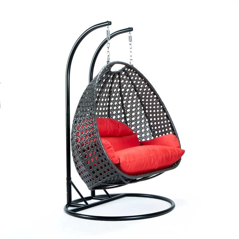 LeisureMod Outdoor Charcoal Wicker Hanging Double Egg Swing Chair in Red
