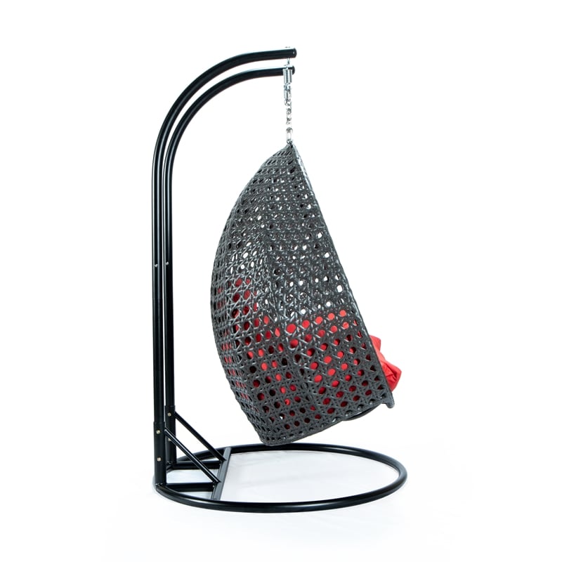 LeisureMod Outdoor Charcoal Wicker Hanging Double Egg Swing Chair in Red