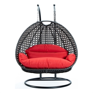 LeisureMod Outdoor Charcoal Wicker Hanging Double Egg Swing Chair in Red