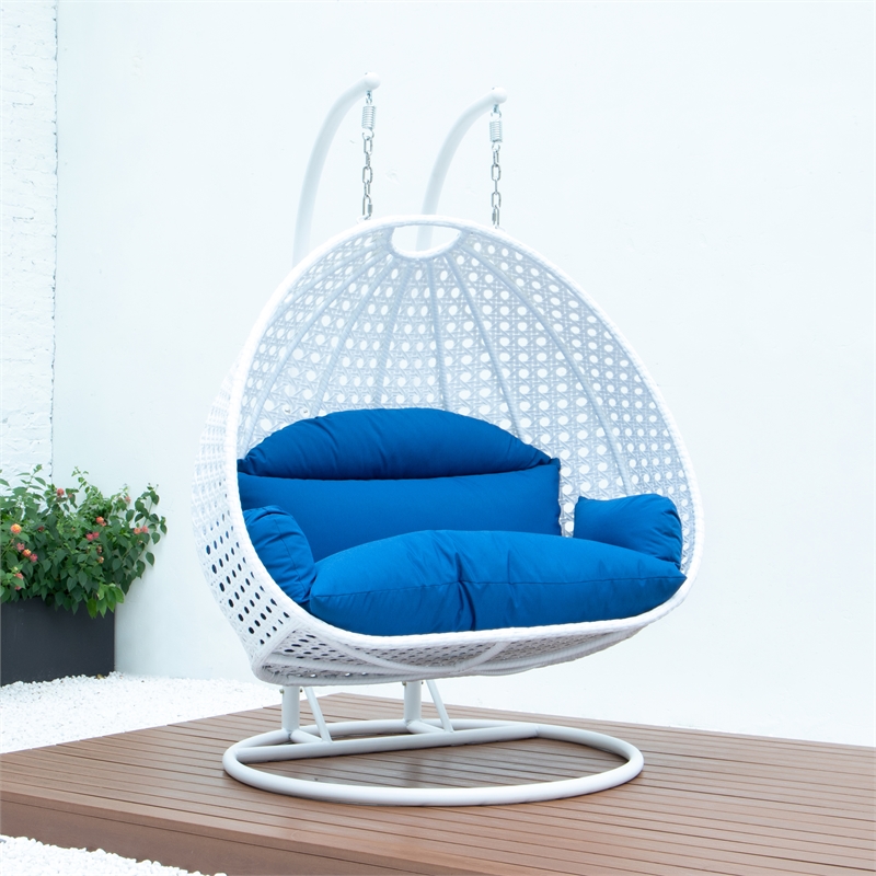 LeisureMod Outdoor White Wicker Hanging Double Egg Swing Chair in Blue