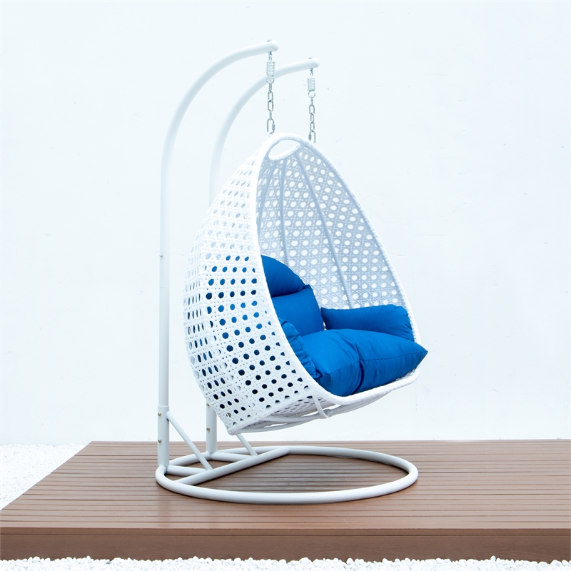 LeisureMod Outdoor White Wicker Hanging Double Egg Swing Chair in Blue