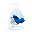 LeisureMod Outdoor White Wicker Hanging Double Egg Swing Chair in Blue