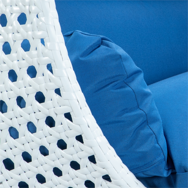 LeisureMod Outdoor White Wicker Hanging Double Egg Swing Chair in Blue
