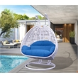 LeisureMod Outdoor White Wicker Hanging Double Egg Swing Chair in Blue