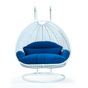 LeisureMod Outdoor White Wicker Hanging Double Egg Swing Chair in Blue