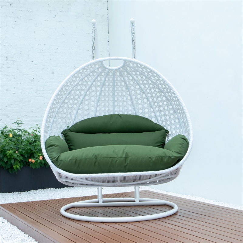 LeisureMod Outdoor White Wicker Hanging Double Egg Swing Chair in Dark Green