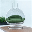 LeisureMod Outdoor White Wicker Hanging Double Egg Swing Chair in Dark Green