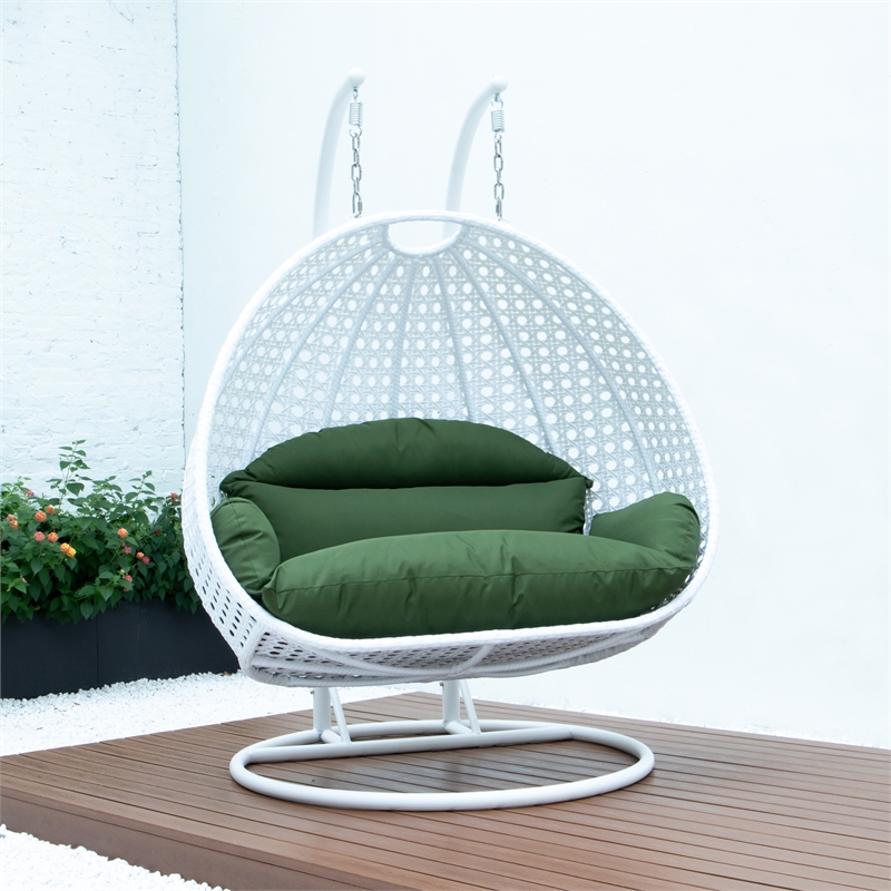 LeisureMod Outdoor White Wicker Hanging Double Egg Swing Chair in Dark Green