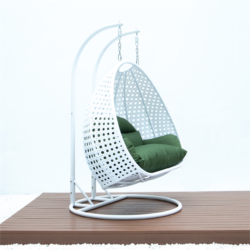 LeisureMod Outdoor White Wicker Hanging Double Egg Swing Chair in Dark Green