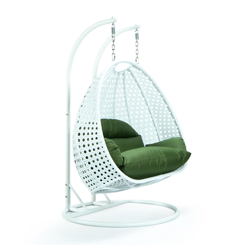 LeisureMod Outdoor White Wicker Hanging Double Egg Swing Chair in Dark Green
