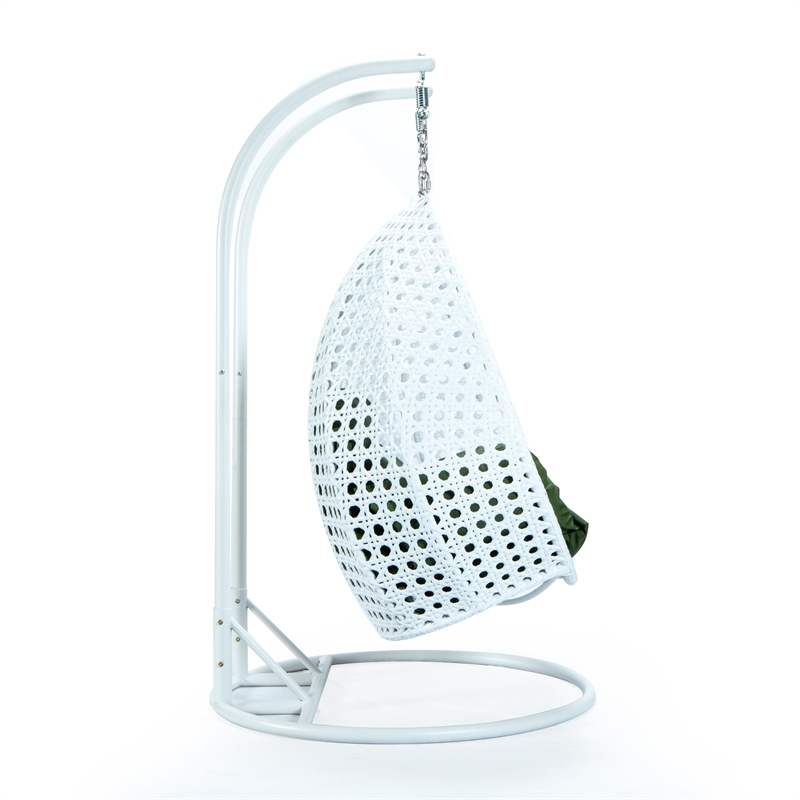 LeisureMod Outdoor White Wicker Hanging Double Egg Swing Chair in Dark Green