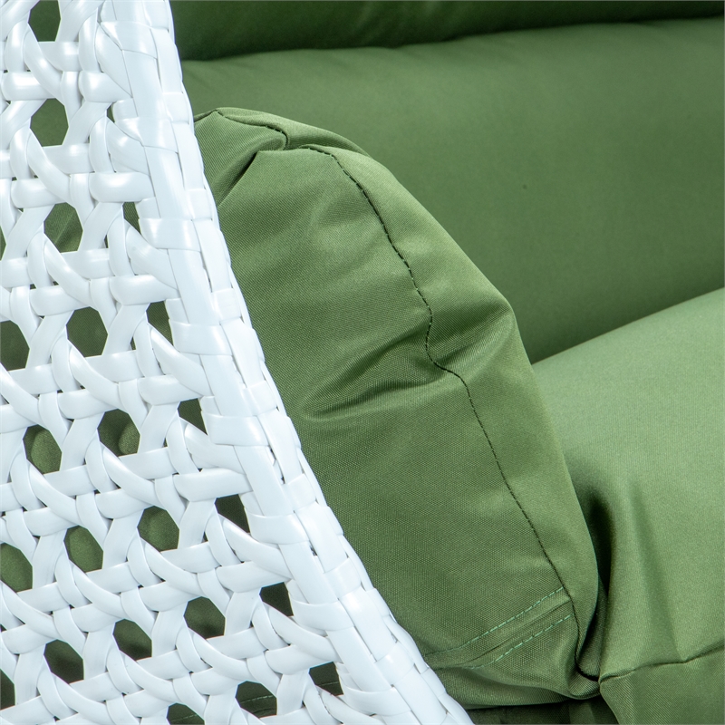 LeisureMod Outdoor White Wicker Hanging Double Egg Swing Chair in Dark Green