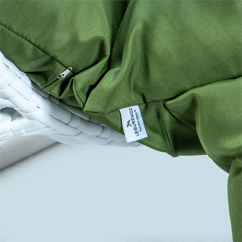 LeisureMod Outdoor White Wicker Hanging Double Egg Swing Chair in Dark Green