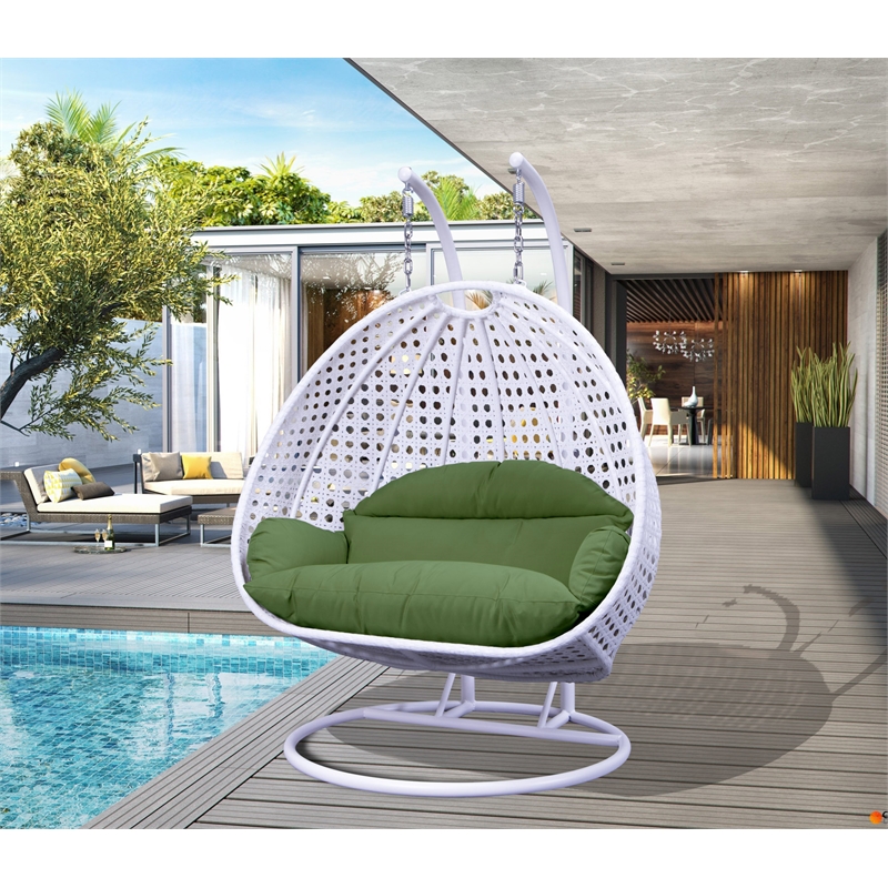 LeisureMod Outdoor White Wicker Hanging Double Egg Swing Chair in Dark Green