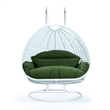 LeisureMod Outdoor White Wicker Hanging Double Egg Swing Chair in Dark Green