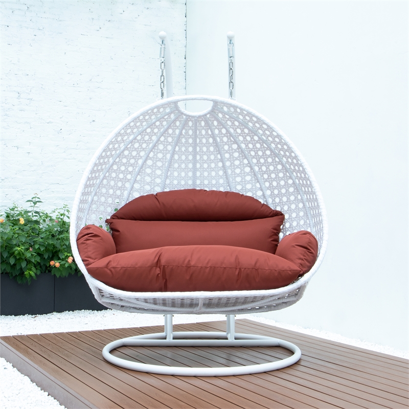 LeisureMod Outdoor White Wicker Hanging Double Egg Swing Chair in Dark Orange