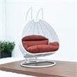 LeisureMod Outdoor White Wicker Hanging Double Egg Swing Chair in Dark Orange