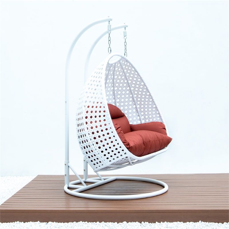 LeisureMod Outdoor White Wicker Hanging Double Egg Swing Chair in Dark Orange