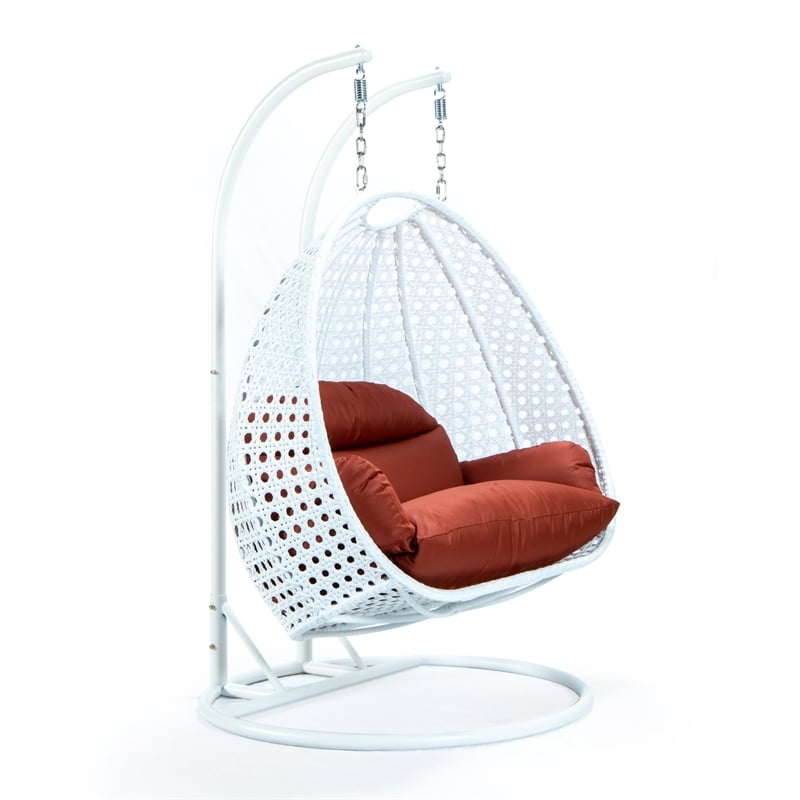 LeisureMod Outdoor White Wicker Hanging Double Egg Swing Chair in Dark Orange