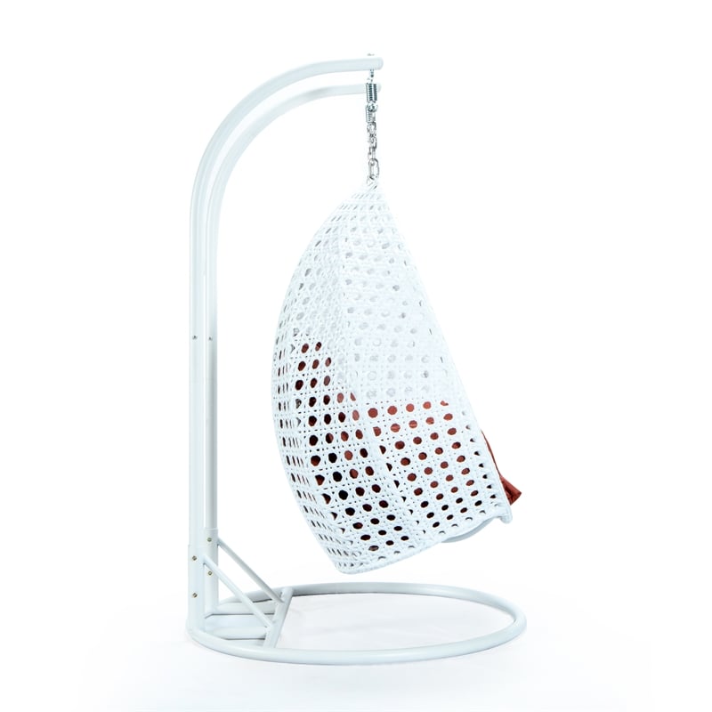 LeisureMod Outdoor White Wicker Hanging Double Egg Swing Chair in Dark Orange