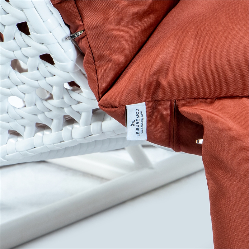LeisureMod Outdoor White Wicker Hanging Double Egg Swing Chair in Dark Orange