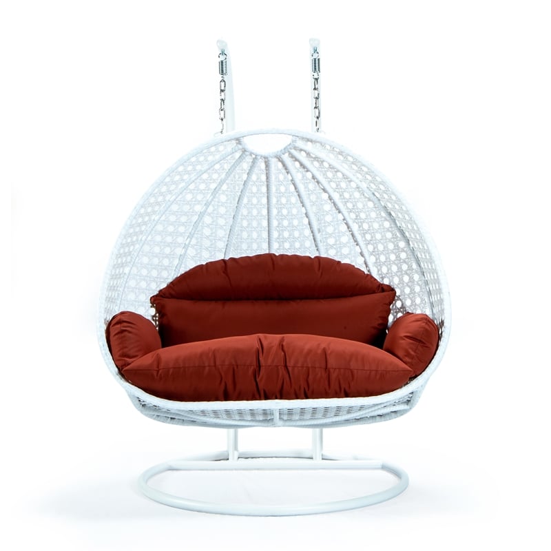 LeisureMod Outdoor White Wicker Hanging Double Egg Swing Chair in Dark Orange