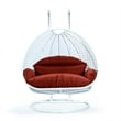LeisureMod Outdoor White Wicker Hanging Double Egg Swing Chair in Dark Orange