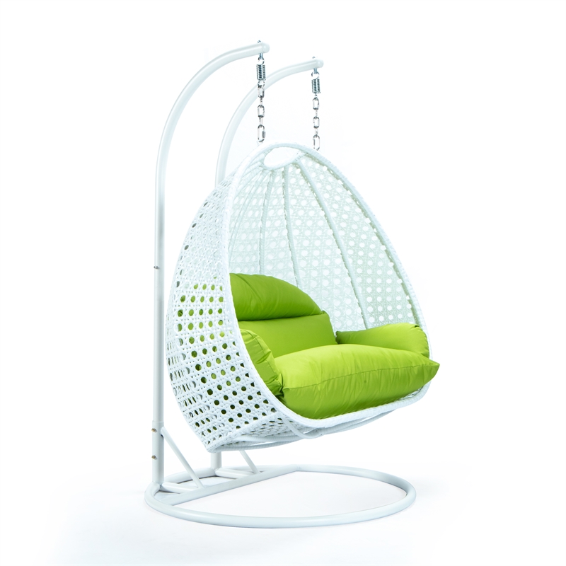LeisureMod Outdoor White Wicker Hanging Double Egg Swing Chair in Light Green