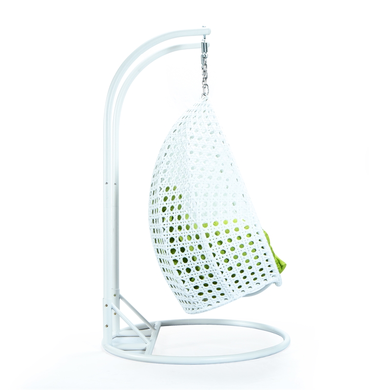 LeisureMod Outdoor White Wicker Hanging Double Egg Swing Chair in Light Green