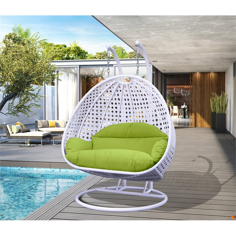 LeisureMod Outdoor White Wicker Hanging Double Egg Swing Chair in Light Green