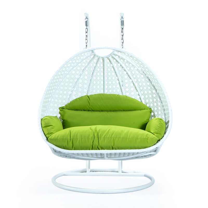 LeisureMod Outdoor White Wicker Hanging Double Egg Swing Chair in Light Green