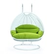 LeisureMod Outdoor White Wicker Hanging Double Egg Swing Chair in Light Green