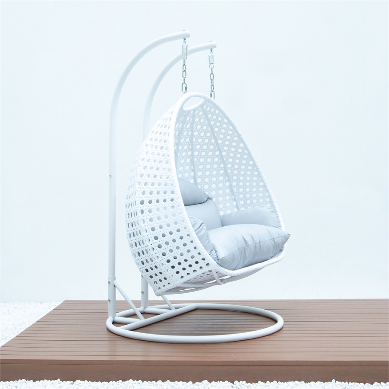 LeisureMod Outdoor White Wicker Hanging Double Egg Swing Chair in Light Gray