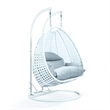 LeisureMod Outdoor White Wicker Hanging Double Egg Swing Chair in Light Gray