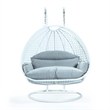 LeisureMod Outdoor White Wicker Hanging Double Egg Swing Chair in Light Gray