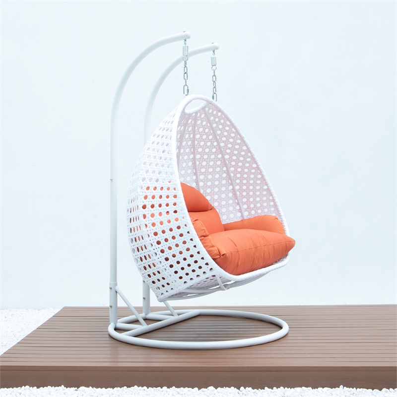 LeisureMod Outdoor White Wicker Hanging Double Egg Swing Chair in Orange