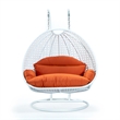 LeisureMod Outdoor White Wicker Hanging Double Egg Swing Chair in Orange