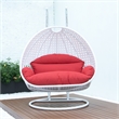 LeisureMod Outdoor White Wicker Hanging Double Egg Swing Chair in Red