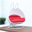 LeisureMod Outdoor White Wicker Hanging Double Egg Swing Chair in Red