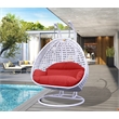 LeisureMod Outdoor White Wicker Hanging Double Egg Swing Chair in Red