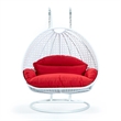 LeisureMod Outdoor White Wicker Hanging Double Egg Swing Chair in Red