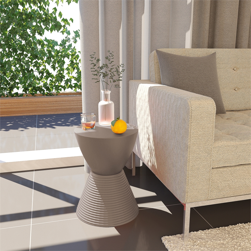 LeisureMod Boyd Modern Plastic Ribbed Round End Table in Taupe