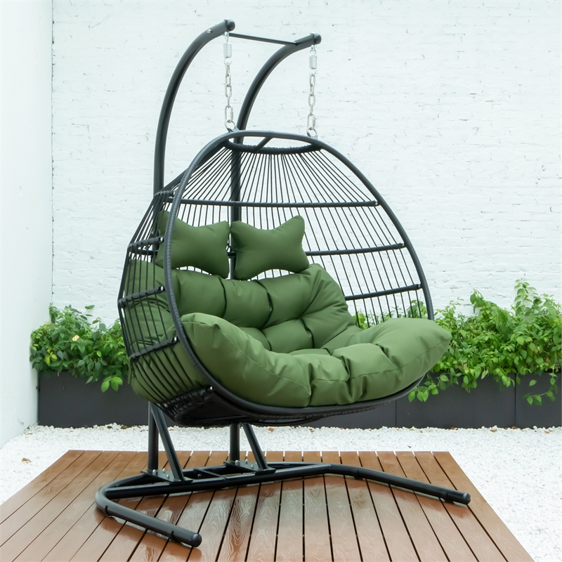 Double Folding Hanging Egg Swing Chair, Dark Green Wicker Outdoor Furniture