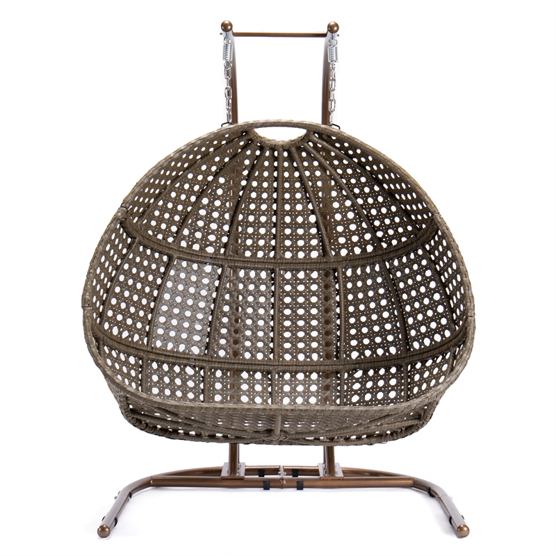 LeisureMod Beige Wicker Double 2-Person Hanging Egg Swing Chair in Green