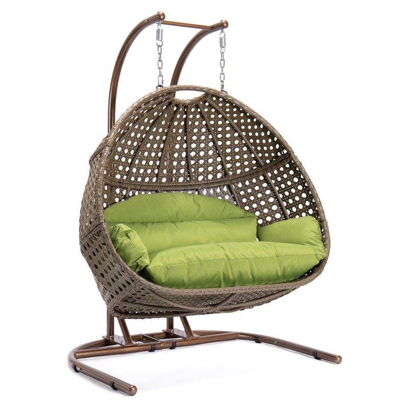 LeisureMod Beige Wicker Double 2-Person Hanging Egg Swing Chair in Green