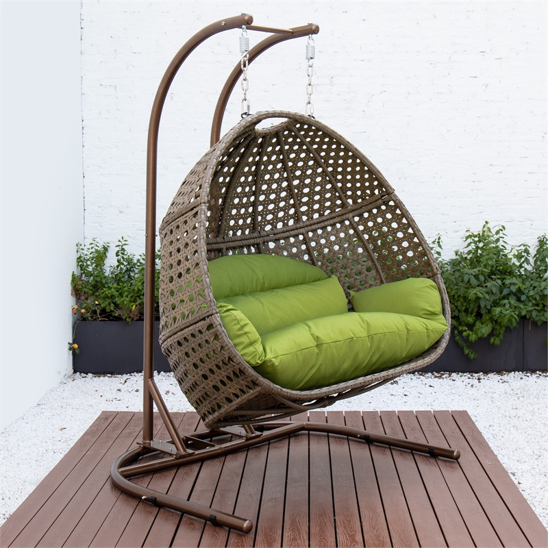 LeisureMod Beige Wicker Double 2-Person Hanging Egg Swing Chair in Green