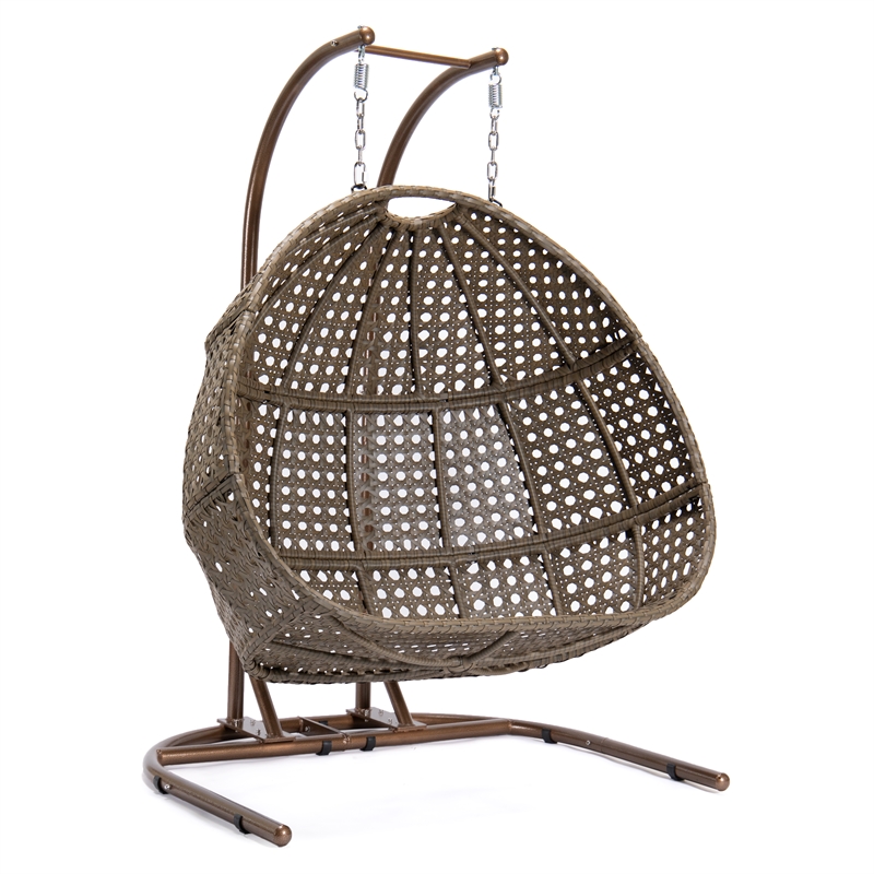 LeisureMod Beige Wicker Double 2-Person Hanging Egg Swing Chair in Green