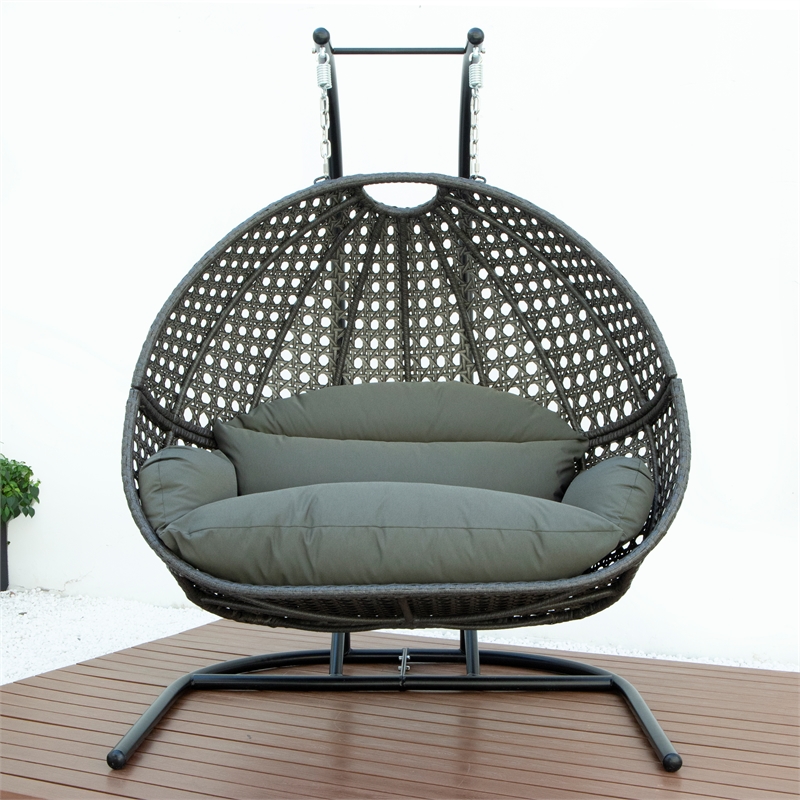 LeisureMod Charcoal Wicker Double 2-Person Hanging Egg Swing Chair in Dark Grey