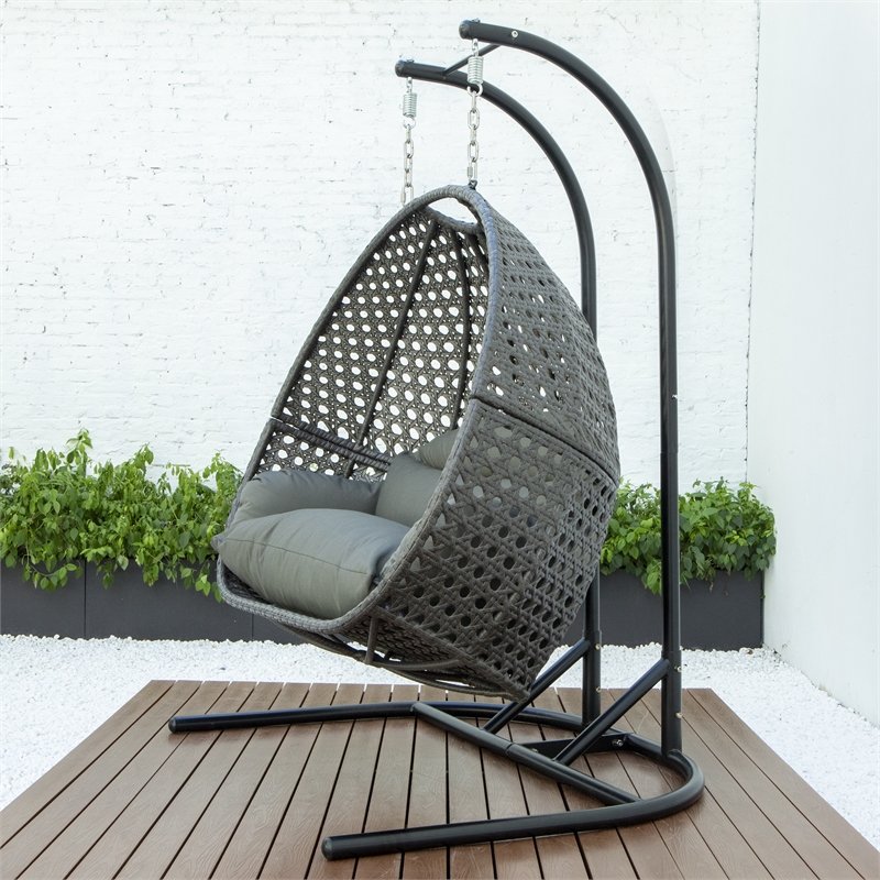 LeisureMod Charcoal Wicker Double 2-Person Hanging Egg Swing Chair in Dark Grey