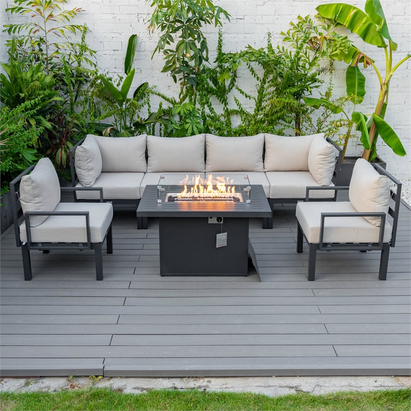 LeisureMod Chelsea 7-Piece Sectional And Fire Pit Table With Cushions in Beige